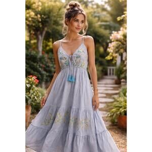 POL Women’s Large Blue Embroidered Maxi Dress 100% Cotton Tassel Boho NWT